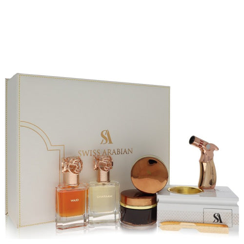 Swiss Arabian Bakhoor Dukhoon Al Haram by Swiss ArabianGift Set -- Gift Set contains 2 x 1.7 oz Eau De Parfum in Wajd & Gharaam + 2 x 60 grams of Incense in Dukhoon Al Haram & Oud Muattar MumtazMen(cologne, perfume, fragrance)