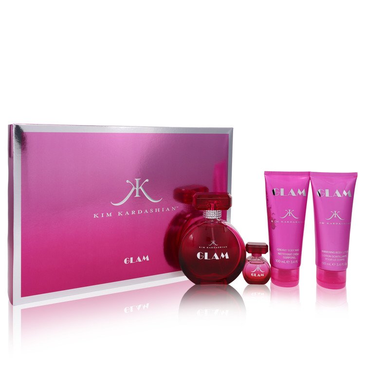 Kim Kardashian Glam Gift Set By Kim Kardashian 3.4 oz Eau De Parfum Spray + 3.4 oz Body Lotion + 3.4 oz Shower Gel + .25 oz Mini EDT
