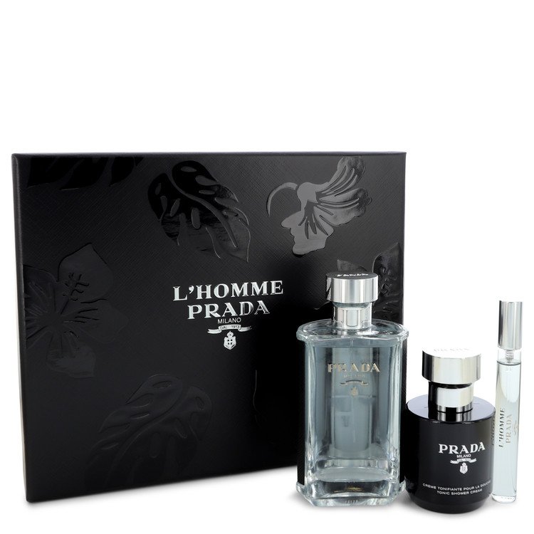 Prada L'homme Gift Set By Prada 3.4 oz Eau De Toilette Spray + .34 oz Mini EDT Spray + 3.4 oz Shower Cream