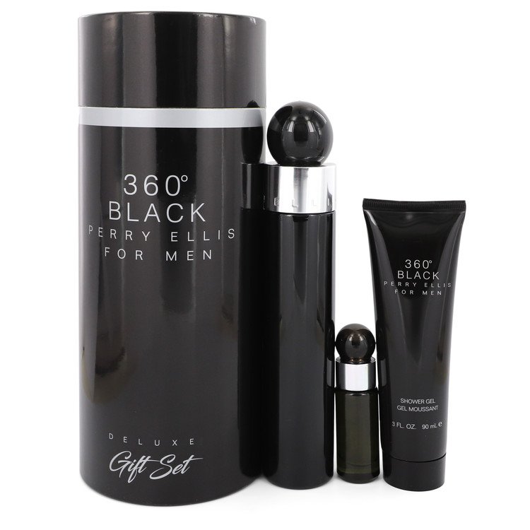Perry Ellis 360 Black Gift Set By Perry Ellis 3.4 oz Eau De Toilette Spray + .25 oz Mini EDT Travel Spray + 3 oz Shower Gel