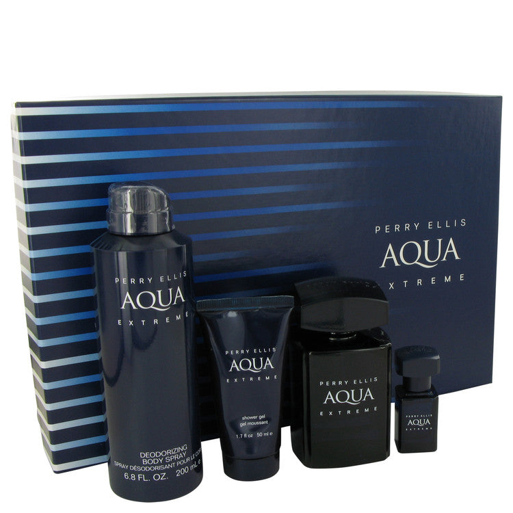 Perry Ellis Aqua Extreme Gift Set By Perry Ellis 3.4 oz Eau De Toilette Spray + .25 oz Mini EDT Spray + 6.8 oz Body Spray + 1.7 oz Shower Gel