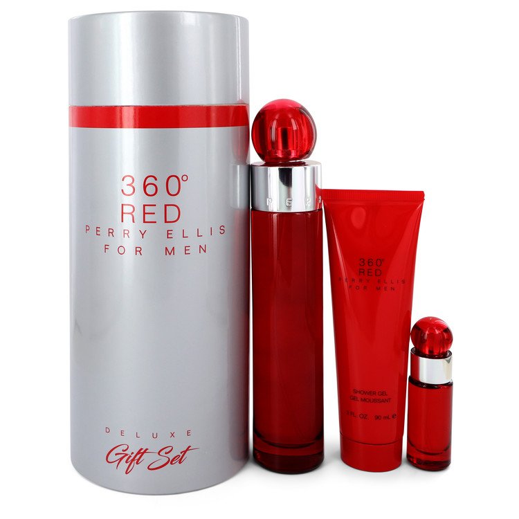Perry Ellis 360 Red Gift Set By Perry Ellis 3.4 oz Eau De Toilette Spray + .25 oz Mini EDT Spray + 3 oz Shower Gel in Tube Box