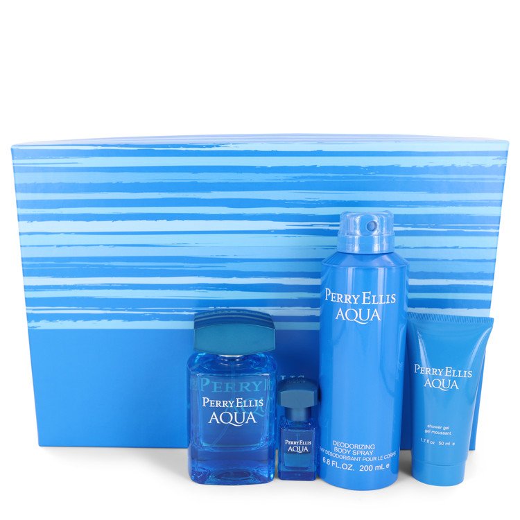 Perry Ellis Aqua Gift Set By Perry Ellis 3.4 oz Eau De Toilette Spray + .25 oz Mini EDT Spray + 6.8 oz Body Spray + 1.7 oz Shower Gel