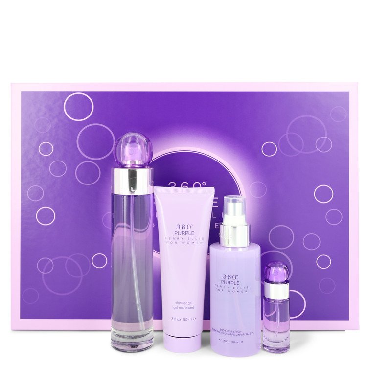 Perry Ellis 360 Purple Gift Set By Perry Ellis 3.4 oz Eau De Parfum Spray + .25 oz Mini EDP Spray + 4 oz Body Mist Spray + 3 oz Shower Gel