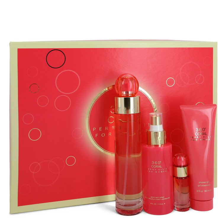 Perry Ellis 360 Coral Gift Set By Perry Ellis 3.4 oz Eau De Parfum Spray + .25 oz Mini EDP Spray  + 4 oz Body Mist Spray + 3 oz Shower Gel