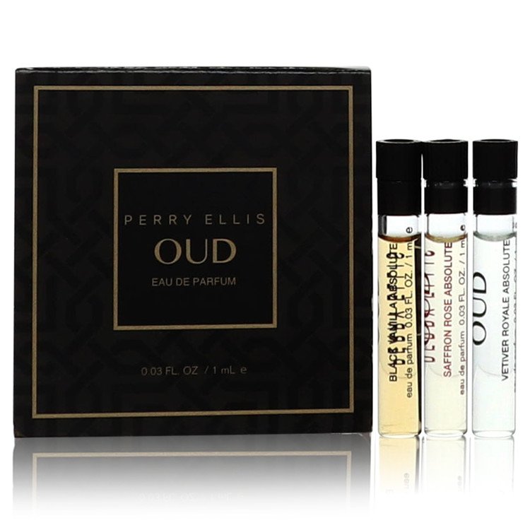 Perry Ellis Oud Black Vanilla Absolute Gift Set By Perry Ellis Vial Set Includes Black Vanilla Absolute, Saffron Rose Absolute, Vetiver Royale Absolute all .03 oz Vials