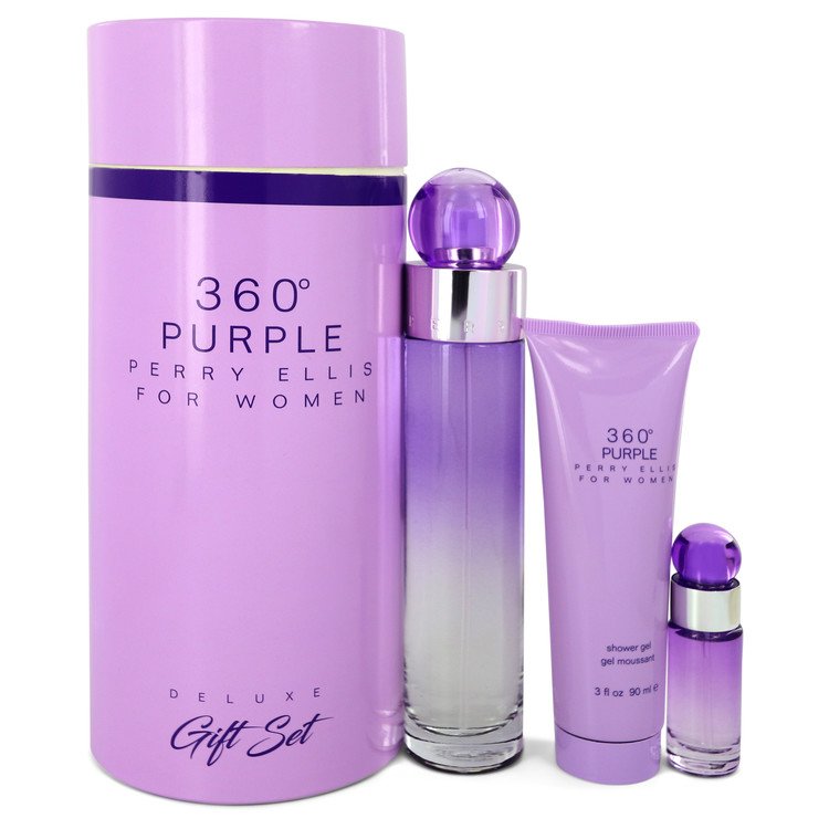 Perry Ellis 360 Purple Gift Set By Perry Ellis 3.4 oz Eau De Parfum Spray + .25 oz Mini EDP Spray + 3 oz Shower Gel