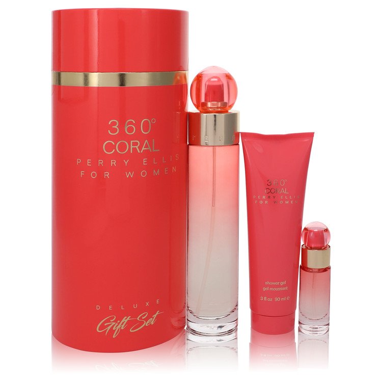 Perry Ellis 360 Coral Gift Set By Perry Ellis 3.4 oz Eau de Parfum Spray + .25 oz Mini EDP Spray + 3 oz Shower Gel