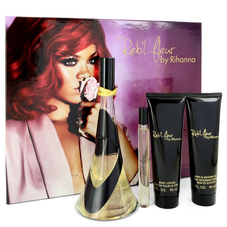 Reb'l Fleur Gift Set By Rihanna 3.4 oz Eau De Parfum Spray + 3 oz Body Lotion + 3 oz Shower Gel + .34 oz Mini EDP Spray