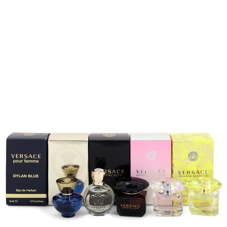 Bright Crystal Gift Set By Versace Miniature Collection Includes Versace Yellow Diamond, Bright Crystal, Crystal Noir, Eros and Pour Femme Dylan Blue all .17 oz sizes.