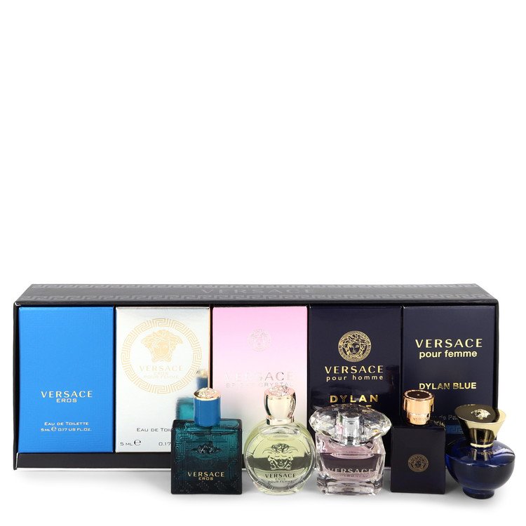 Versace Eros Gift Set By Versace The Best of Versace Men's and Women's Miniatures Collection Includes Versace Eros, Versace Pour Homme Dylan Blue, Versace Pour Femme Dylan Blue, Bright Crystal and Versace Eros Pour Femme